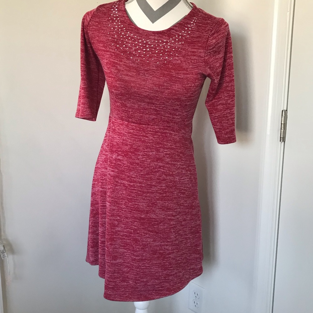 Red dress with rhinestones around the neck